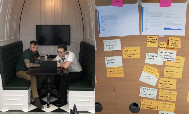 A photo of Caption: Left: Participant testing with an MA user. Right: Notes from observers: yellow - were for positive comments, orange - were questions/suggestions or things that confused.