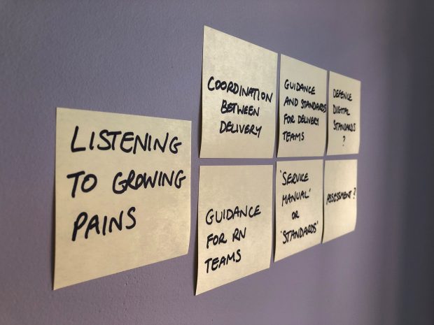 Seven post it notes stuck to a wall outlining the considerations NELSON took when developing the standards