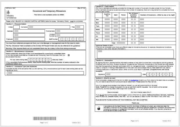 A digital version of the Occasional and Temporary Allowances paper form