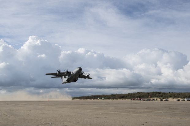 Pictured is an RAF A400M Atlas transport aircraft carrying out a series of spectacular test landings and take offs on a beach in South Wales.