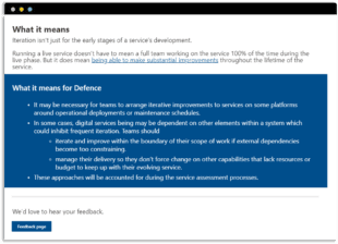 The 'What it means for Defence' box in the Royal Navy Digital Service Standard